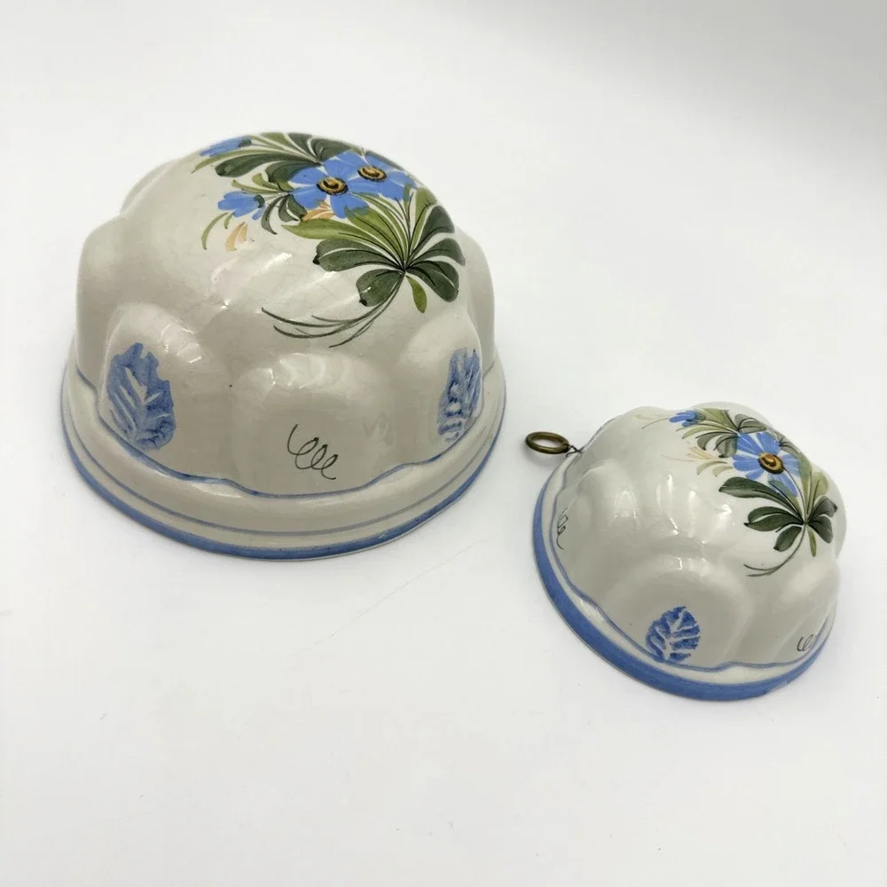 Ceramiche ABC Bassano Italy Mold Set of 2 White Blue Floral Hand Painted Vintage